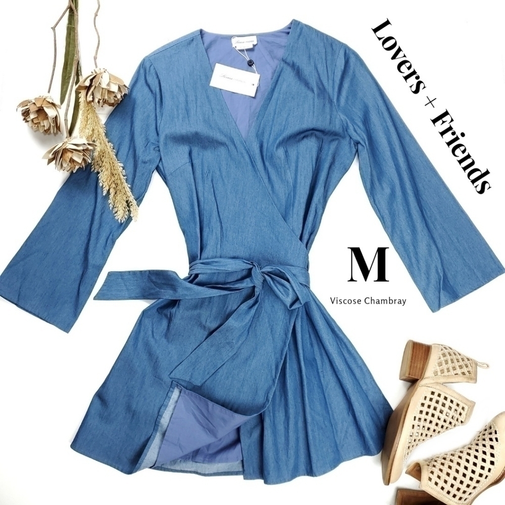New Lovers + Friends Viscose Chambray Blue Belted Wrap Dress Size M